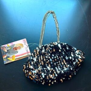 Black evening purse with silver and black sequins and silver chain handle